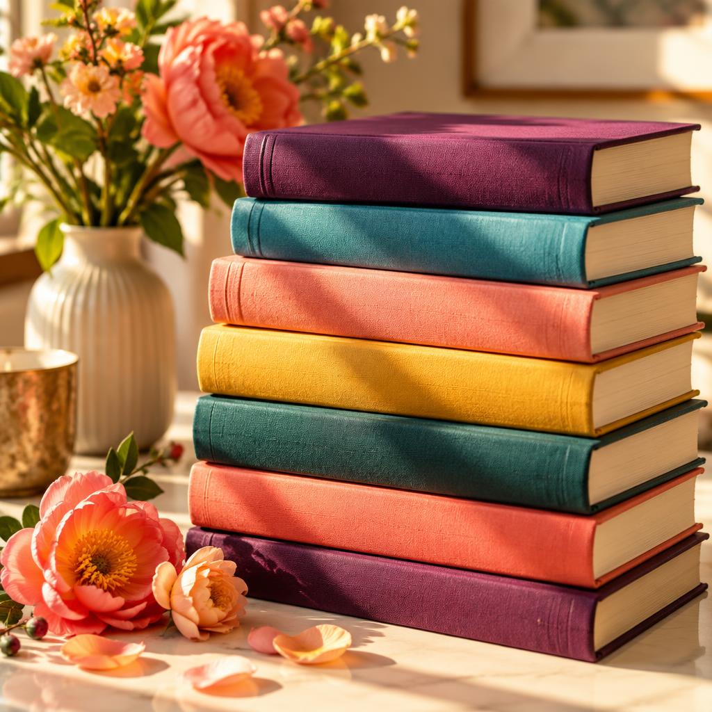 A bright stack of colorful books beside peach blossoms